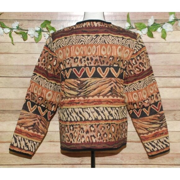 Stonebridge Brown Tapestry Button Up Jacket Size L Animal Print  Velvet Trim - Picture 6 of 12